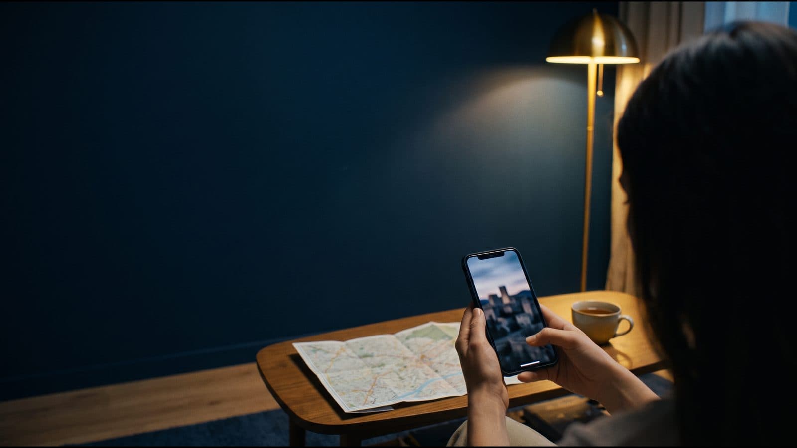 Una persona, de espaldas, mira en el móvil la foto de un pueblo antiguo al atardecer, junto a un mapa y una taza de té.