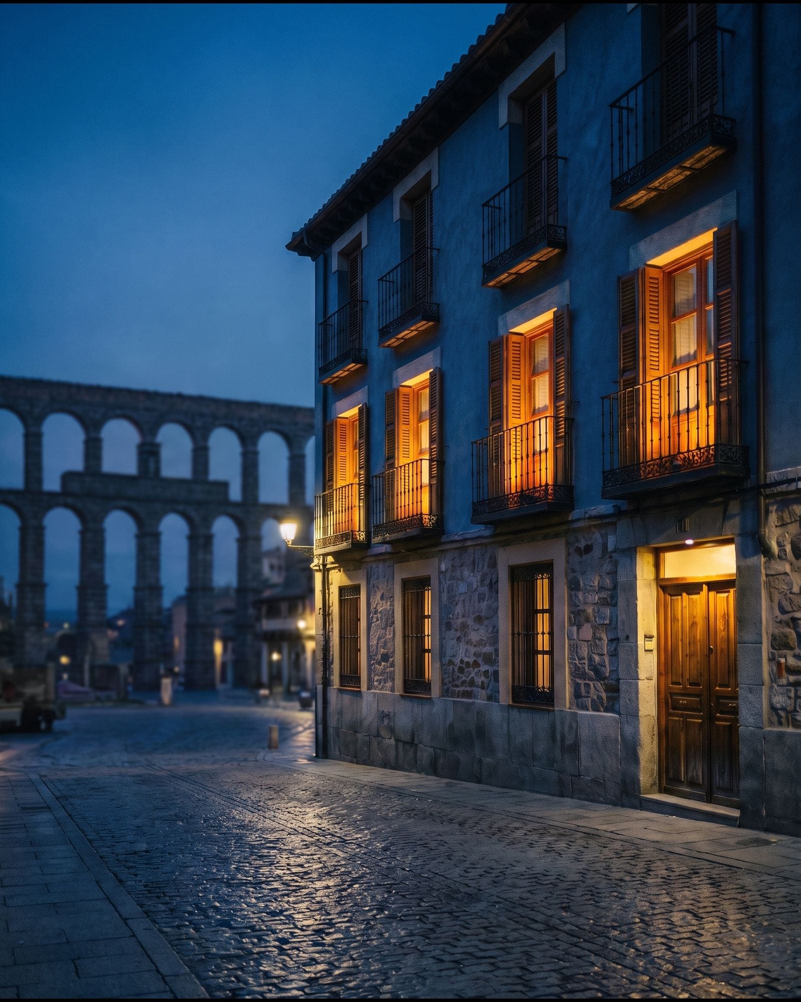 Calle empedrada del casco antiguo de Segovia a la hora azul, con los arcos del acueducto al fondo y las ventanas encendidas de un edificio de piedra.